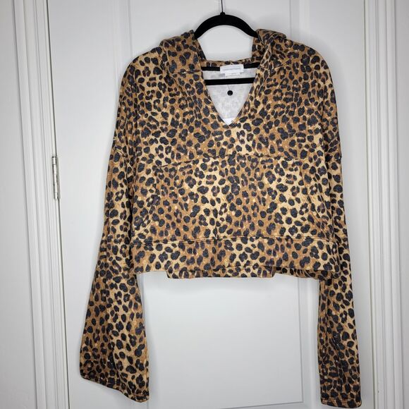 Lovers + Friends Cheetah Bell Sleeve Cropped Oversized French Terry Hoodie Sz L - Picture 8 of 8